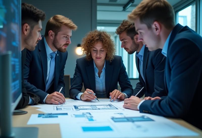 Group of engineers discussing diagrams in a meeting room